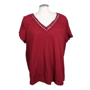 Womens Plus Size Tee T Shirt Top 26 28 3X Red Split Sleeve Gem Ladder Lace Neck